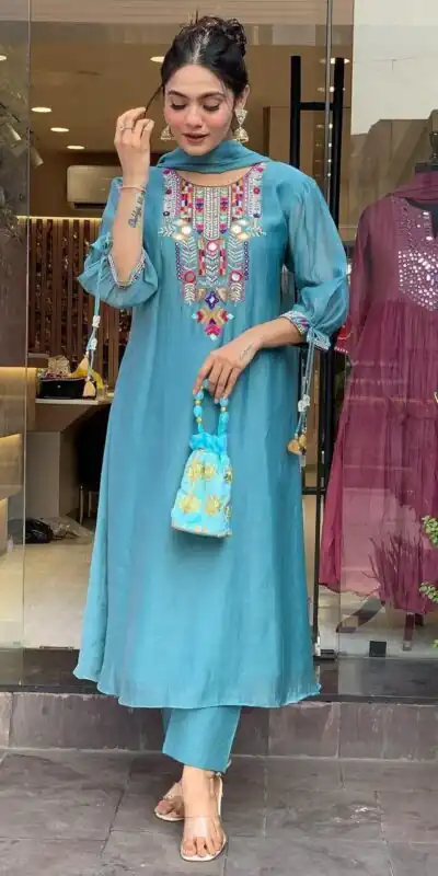 MF 748 Blue Color Chanderi Silk With Mirror Work Embroidery Salwar Suit Casual, Wedding, Party, Festive, Events Etc.4-6 Working Days@ 1599/-only | Jump Suits, Salwar suit, Designer Suits, Casual Suits, Creative suits, Palazzo Suits, Party Wear Suits, Patiala Suits, Straight Suits