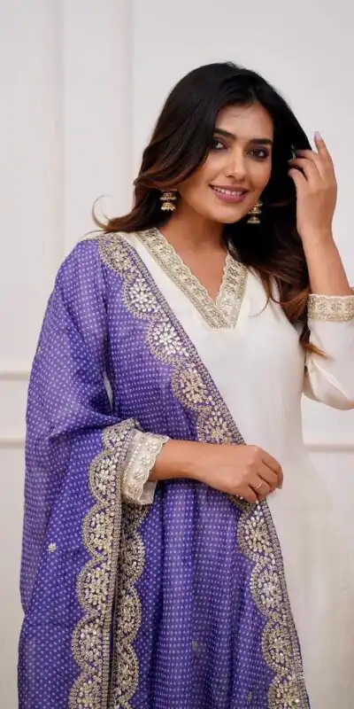 MF 726 Half White Color Roman Silk With Purple Dupatta Coding Work Salwar Suit Casual, Wedding, Party, Festive, Events Etc.4-6 Working Days@ 1699/-only | Jump Suits, Salwar suit, Designer Suits, Casual Suits, Creative suits, Palazzo Suits, Party Wear Suits, Patiala Suits, Straight Suits