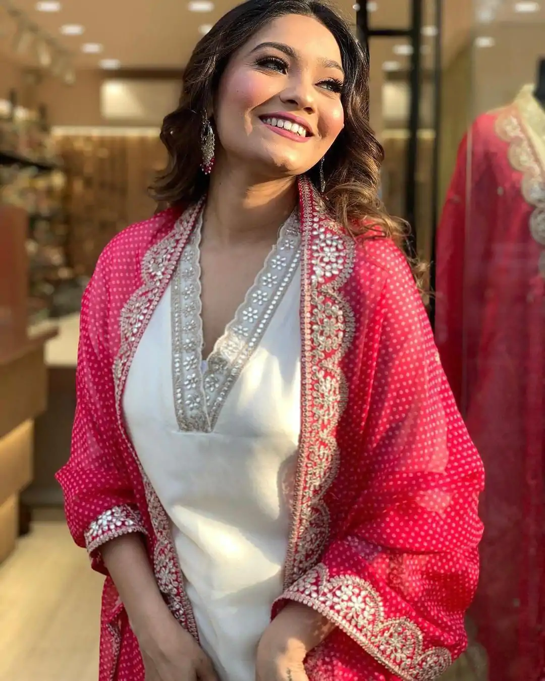 MF 726 Half White Color Roman Silk With Red Dupatta Coding Work Salwar Suit Casual, Wedding, Party, Festive, Events Etc.4-6 Working Days@ 1699/-only | Jump Suits, Salwar suit, Designer Suits, Casual Suits, Creative suits, Palazzo Suits, Party Wear Suits, Patiala Suits, Straight Suits