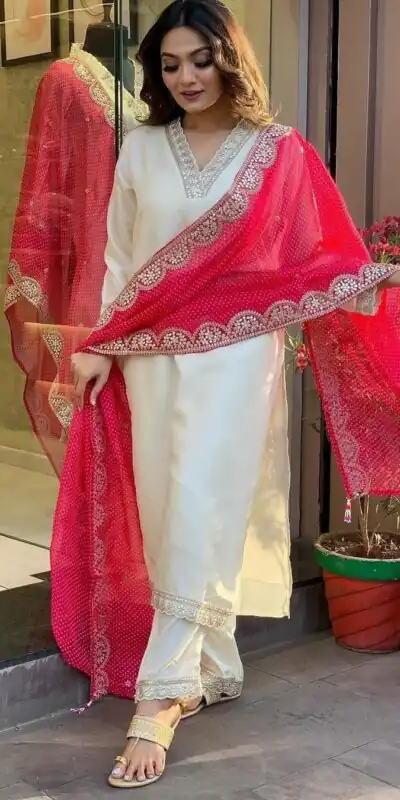 MF 726 Half White Color Roman Silk With Red Dupatta Coding Work Salwar Suit Casual, Wedding, Party, Festive, Events Etc.4-6 Working Days@ 1699/-only | Jump Suits, Salwar suit, Designer Suits, Casual Suits, Creative suits, Palazzo Suits, Party Wear Suits, Patiala Suits, Straight Suits
