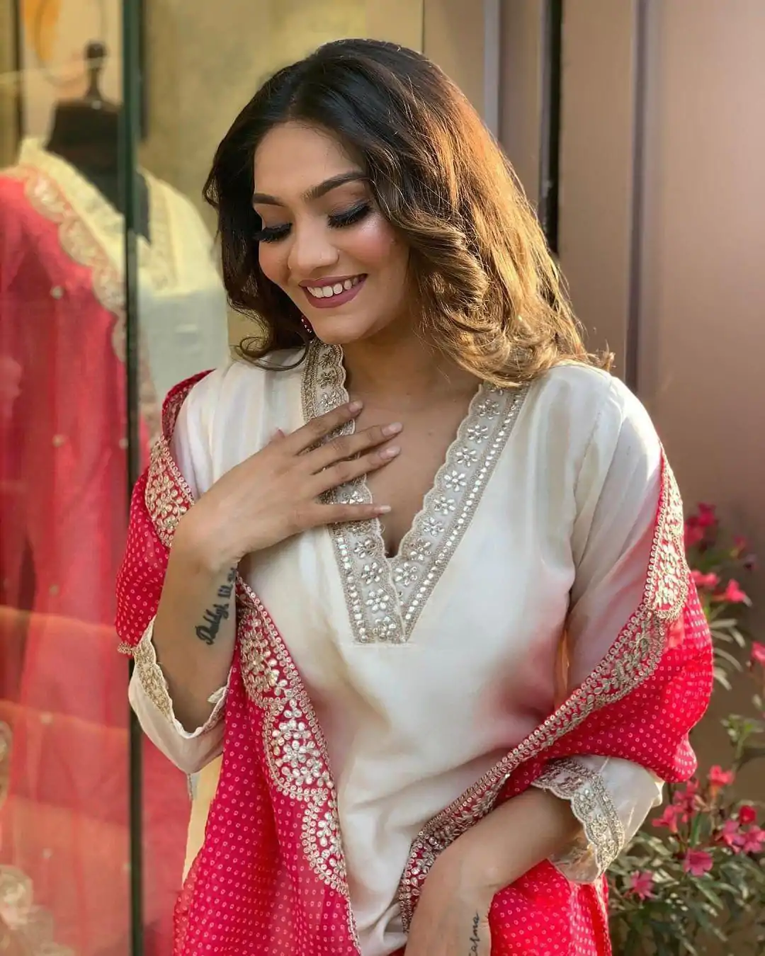 MF 726 Half White Color Roman Silk With Red Dupatta Coding Work Salwar Suit Casual, Wedding, Party, Festive, Events Etc.4-6 Working Days@ 1699/-only | Jump Suits, Salwar suit, Designer Suits, Casual Suits, Creative suits, Palazzo Suits, Party Wear Suits, Patiala Suits, Straight Suits