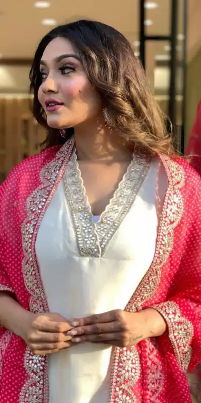 MF 726 Half White Color Roman Silk With Red Dupatta Coding Work Salwar Suit Casual, Wedding, Party, Festive, Events Etc.4-6 Working Days@ 1699/-only | Jump Suits, Salwar suit, Designer Suits, Casual Suits, Creative suits, Palazzo Suits, Party Wear Suits, Patiala Suits, Straight Suits