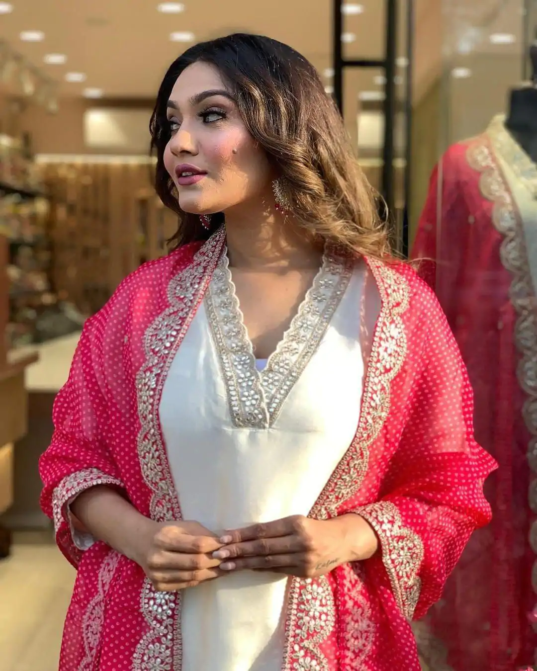 MF 726 Half White Color Roman Silk With Red Dupatta Coding Work Salwar Suit Casual, Wedding, Party, Festive, Events Etc.4-6 Working Days@ 1699/-only | Jump Suits, Salwar suit, Designer Suits, Casual Suits, Creative suits, Palazzo Suits, Party Wear Suits, Patiala Suits, Straight Suits