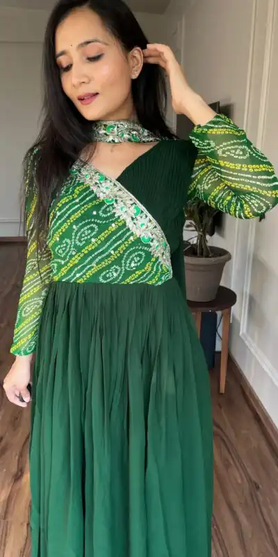 Ram 058 Green Color Bandhej With Fox Georgette 3mm Sequence Embroidery Work Anarkali Gown Wedding Party, Festive, Events Etc.4-6 Working Days@1899/- only | Gowns, Bollywood Gowns, Creative Gowns, Designer Gowns, Embroidered Gowns, Party Wear Gowns, Straight Suits