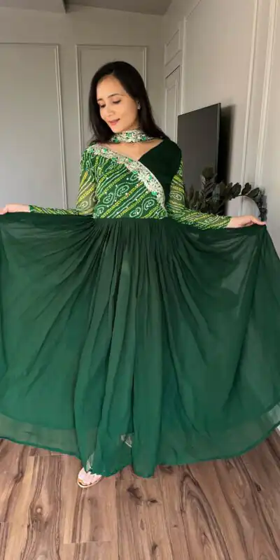 Ram 058 Green Color Bandhej With Fox Georgette 3mm Sequence Embroidery Work Anarkali Gown Wedding Party, Festive, Events Etc.4-6 Working Days@1899/- only | Gowns, Bollywood Gowns, Creative Gowns, Designer Gowns, Embroidered Gowns, Party Wear Gowns, Straight Suits