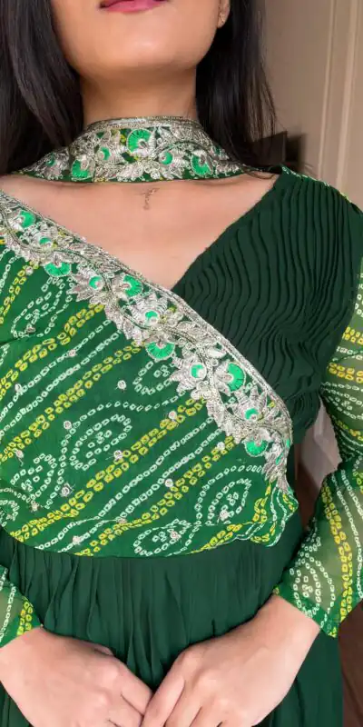 Ram 058 Green Color Bandhej With Fox Georgette 3mm Sequence Embroidery Work Anarkali Gown Wedding Party, Festive, Events Etc.4-6 Working Days@1899/- only | Gowns, Bollywood Gowns, Creative Gowns, Designer Gowns, Embroidered Gowns, Party Wear Gowns, Straight Suits