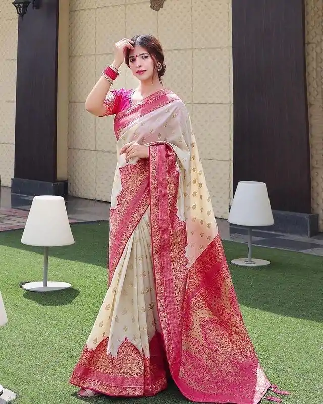 KP 4095 Half White Color Soft Lichi Silk Jacquard Work On All Over Saree Casual, Wedding, Festive, Events . Expected Delivery  4-6 Working Days @1499/- only                                                                                                                                             | Sarees, Bollywood Sarees, Creative Sarees, Designer Sarees, Embroidered Sarees, Ethnic Saree, Modern Digital sarees, Party Wear Sarees