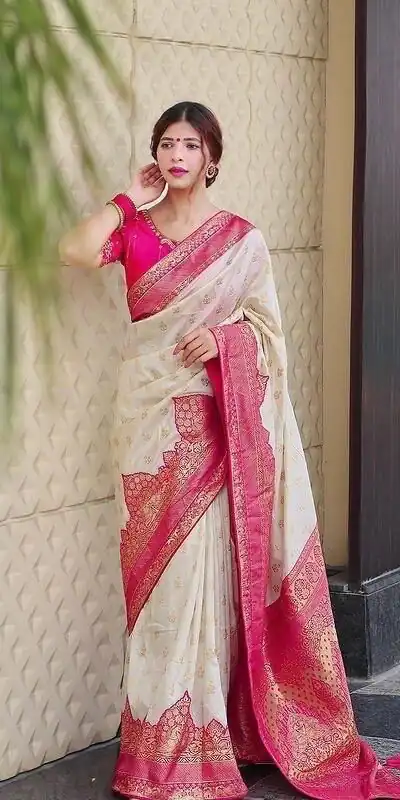 KP 4095 Half White Color Soft Lichi Silk Jacquard Work On All Over Saree Casual, Wedding, Festive, Events . Expected Delivery  4-6 Working Days @1499/- only                                                                                                                                             | Sarees, Bollywood Sarees, Creative Sarees, Designer Sarees, Embroidered Sarees, Ethnic Saree, Modern Digital sarees, Party Wear Sarees