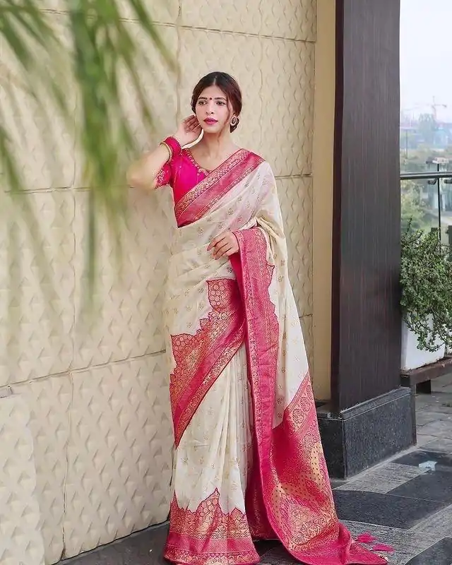 KP 4095 Half White Color Soft Lichi Silk Jacquard Work On All Over Saree Casual, Wedding, Festive, Events . Expected Delivery  4-6 Working Days @1499/- only                                                                                                                                             | Sarees, Bollywood Sarees, Creative Sarees, Designer Sarees, Embroidered Sarees, Ethnic Saree, Modern Digital sarees, Party Wear Sarees
