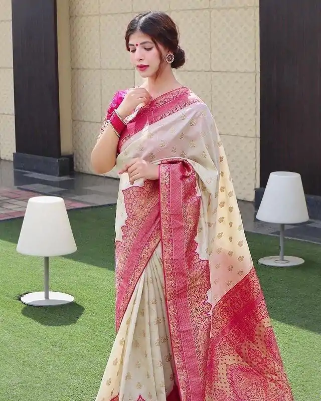 KP 4095 Half White Color Soft Lichi Silk Jacquard Work On All Over Saree Casual, Wedding, Festive, Events . Expected Delivery  4-6 Working Days @1499/- only                                                                                                                                             | Sarees, Bollywood Sarees, Creative Sarees, Designer Sarees, Embroidered Sarees, Ethnic Saree, Modern Digital sarees, Party Wear Sarees