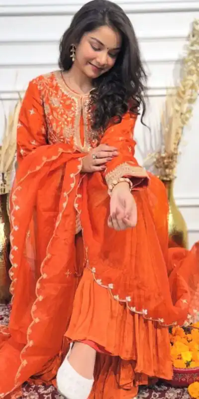 VLM 259 Orange Color Chinon Silk Embroidery Work Salwar Suit Casual, Wedding, Party, Festive, Events Etc.4-6 Working Days@ 2049/-only | Jump Suits, Salwar suit, Designer Suits, Casual Suits, Creative suits, Palazzo Suits, Party Wear Suits, Patiala Suits, Straight Suits