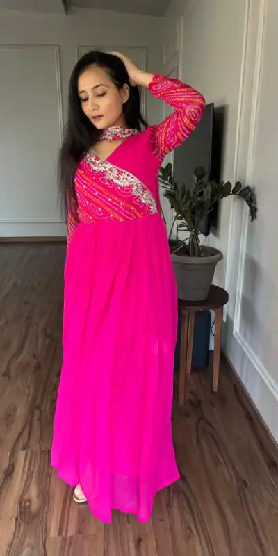 Ram 058 Pink Color Bandhej With Fox Georgette 3mm Sequence Embroidery Work Anarkali Gown Wedding Party, Festive, Events Etc.4-6 Working Days@1899/- only | Gowns, Bollywood Gowns, Creative Gowns, Designer Gowns, Embroidered Gowns, Party Wear Gowns, Straight Suits