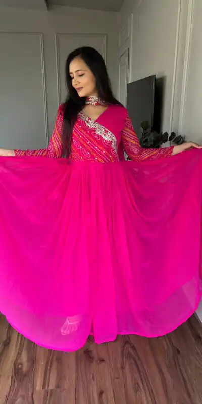 Ram 058 Pink Color Bandhej With Fox Georgette 3mm Sequence Embroidery Work Anarkali Gown Wedding Party, Festive, Events Etc.4-6 Working Days@1899/- only | Gowns, Bollywood Gowns, Creative Gowns, Designer Gowns, Embroidered Gowns, Party Wear Gowns, Straight Suits