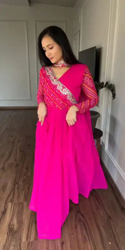 Ram 058 Pink Color Bandhej With Fox Georgette 3mm Sequence Embroidery Work Anarkali Gown Wedding Party, Festive, Events Etc.4-6 Working Days@1899/- only | Gowns, Bollywood Gowns, Creative Gowns, Designer Gowns, Embroidered Gowns, Party Wear Gowns, Straight Suits