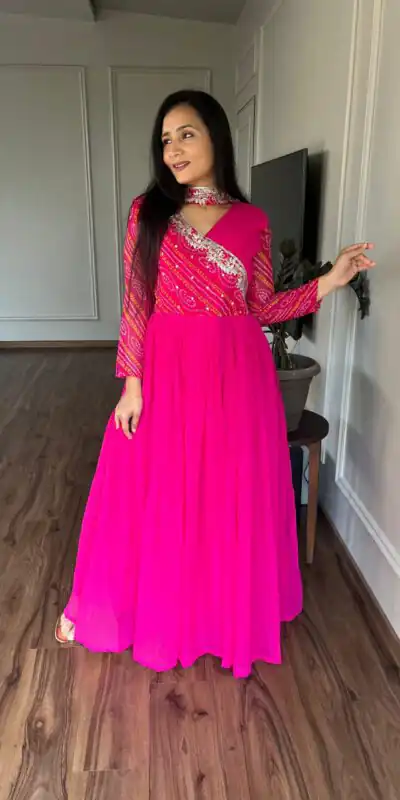 Ram 058 Pink Color Bandhej With Fox Georgette 3mm Sequence Embroidery Work Anarkali Gown Wedding Party, Festive, Events Etc.4-6 Working Days@1899/- only | Gowns, Bollywood Gowns, Creative Gowns, Designer Gowns, Embroidered Gowns, Party Wear Gowns, Straight Suits