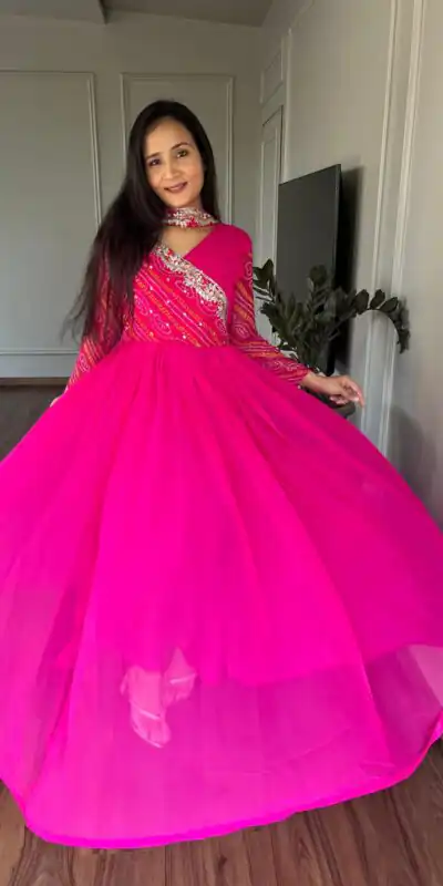 Ram 058 Pink Color Bandhej With Fox Georgette 3mm Sequence Embroidery Work Anarkali Gown Wedding Party, Festive, Events Etc.4-6 Working Days@1899/- only | Gowns, Bollywood Gowns, Creative Gowns, Designer Gowns, Embroidered Gowns, Party Wear Gowns, Straight Suits