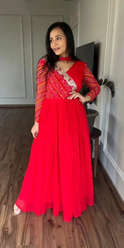 Ram 058 Red Color Bandhej With Fox Georgette 3mm Sequence Embroidery Work Anarkali Gown Wedding Party, Festive, Events Etc.4-6 Working Days@1899/- only | Gowns, Bollywood Gowns, Creative Gowns, Designer Gowns, Embroidered Gowns, Party Wear Gowns, Straight Suits
