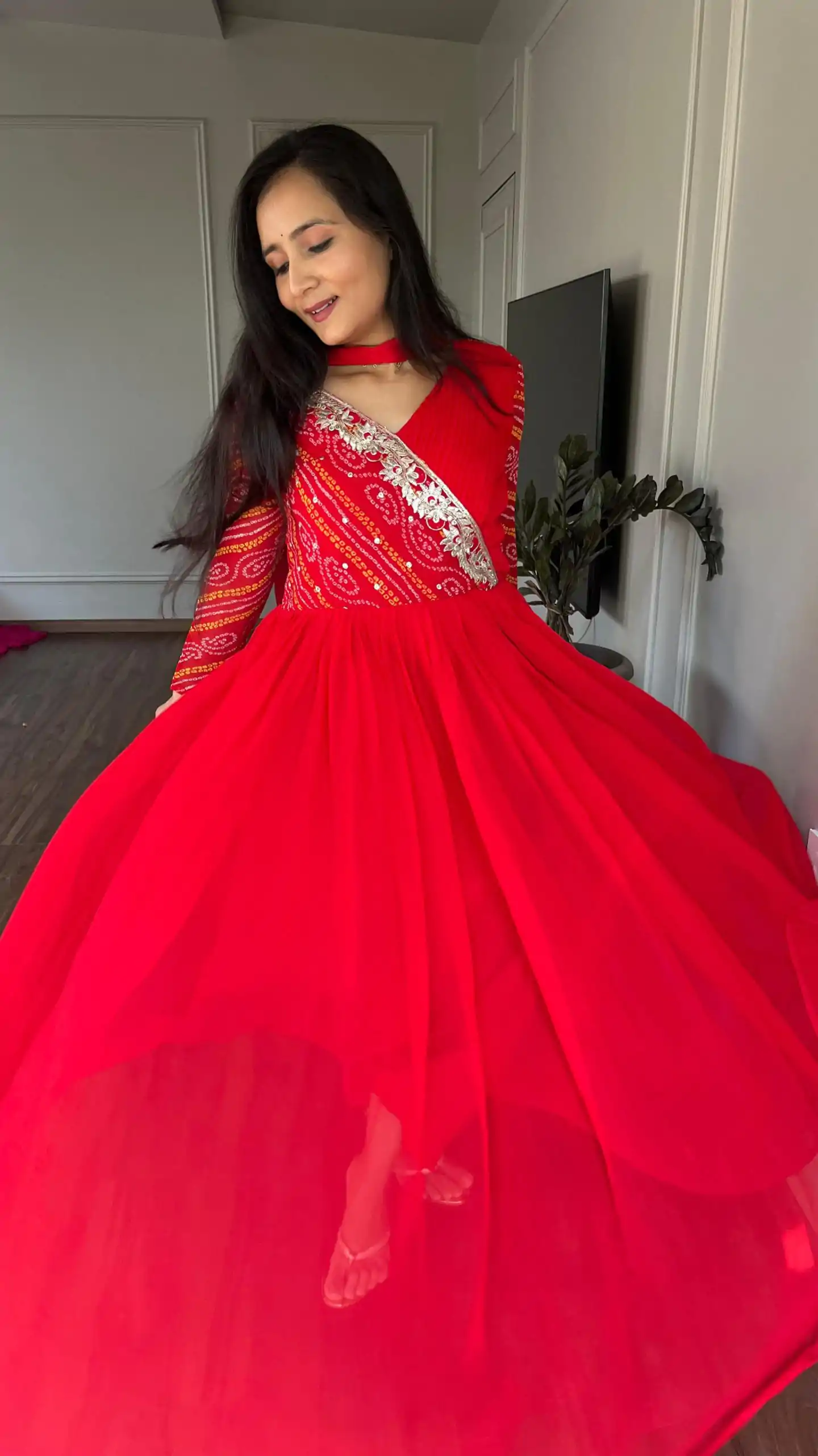 Ram 058 Red Color Bandhej With Fox Georgette 3mm Sequence Embroidery Work Anarkali Gown Wedding Party, Festive, Events Etc.4-6 Working Days@1899/- only | Gowns, Bollywood Gowns, Creative Gowns, Designer Gowns, Embroidered Gowns, Party Wear Gowns, Straight Suits
