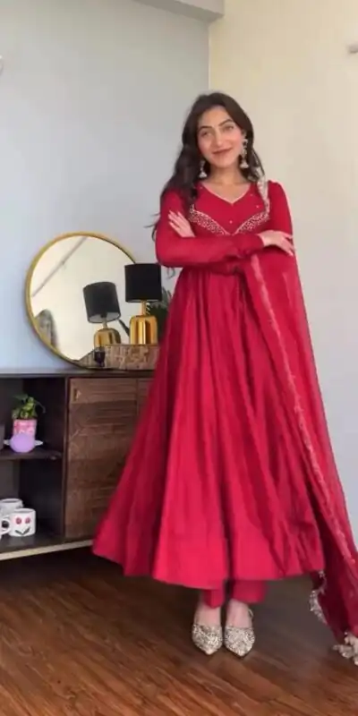 VLM 238 Red Color Star Georgette With Embroidery Work Anarkali Gown Casual, Wedding, Party, Festive, Events Etc.4-6 Working Days@ 1999/-only | Gowns, Bollywood Gowns, Creative Gowns, Designer Gowns, Embroidered Gowns, Party Wear Gowns
