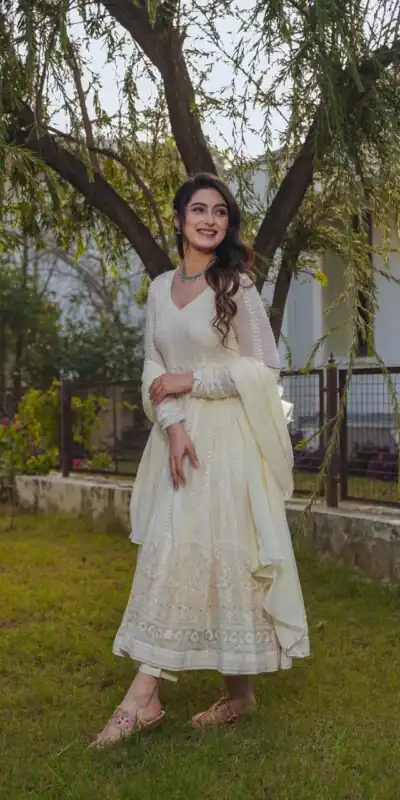 DC G43 Cream Color fox Georgette Embroidery Sequence Anarkali Gown Wedding Party, Festive, Events Etc.4-6 Working Days@2199/- only | Gowns, Bollywood Gowns, Creative Gowns, Designer Gowns, Embroidered Gowns, Party Wear Gowns, Straight Suits