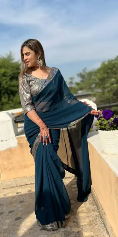 JR 579 Peacock Blue Color Georgette Sequence Work Lace With Peiping Saree Casual, Wedding, Festive, Events . Expected Delivery  4-6 Working Days @1649/- only                                                                                                                                             | Sarees, Bollywood Sarees, Creative Sarees, Designer Sarees, Embroidered Sarees, Ethnic Saree, Modern Digital sarees, Party Wear Sarees