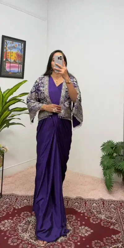 ST 1086 Purple Color Chinnon With Fully Embroidery Koti Ready To Wear Saree Wedding Party, Festive, Events Etc.4-6 Working Days@2049/- only | Sarees, Bollywood Sarees, Creative Sarees, Designer Sarees, Embroidered Sarees, Ethnic Saree, Modern Digital sarees, Party Wear Sarees
