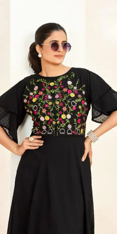 INLI Sensations Black Color Georgette Butti Embroidery Thread Work Gown , Wedding, Party, Festive, Events Etc. Expected Delivery 4-6 Working Days @1549/ | Gowns, Bollywood Gowns, Creative Gowns, Designer Gowns, Embroidered Gowns, Party Wear Gowns