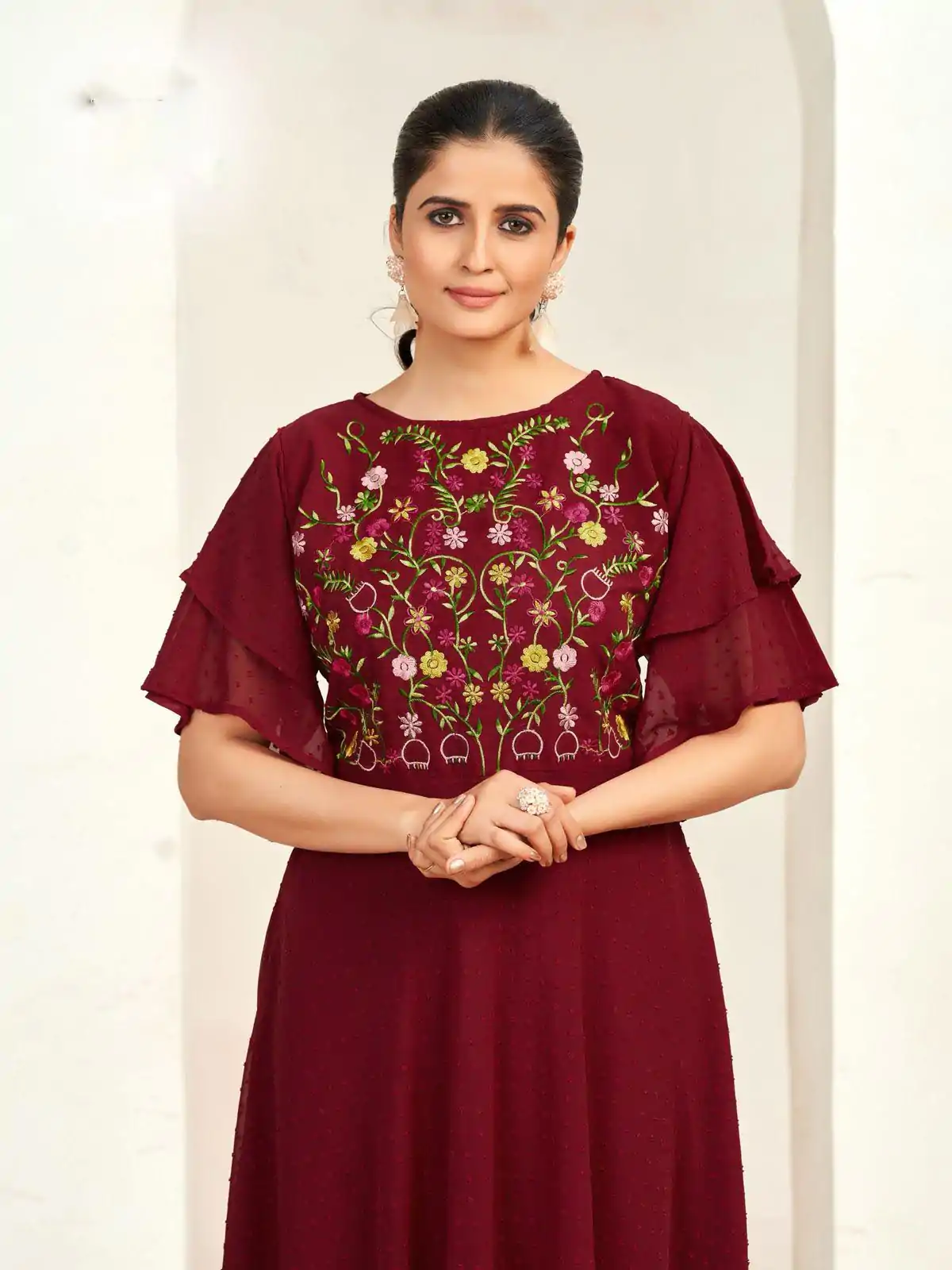 INLI Sensations Maroon Color Georgette Butti Embroidery Thread Work Gown , Wedding, Party, Festive, Events Etc. Expected Delivery 4-6 Working Days @1549/ | Gowns, Bollywood Gowns, Creative Gowns, Designer Gowns, Embroidered Gowns, Party Wear Gowns