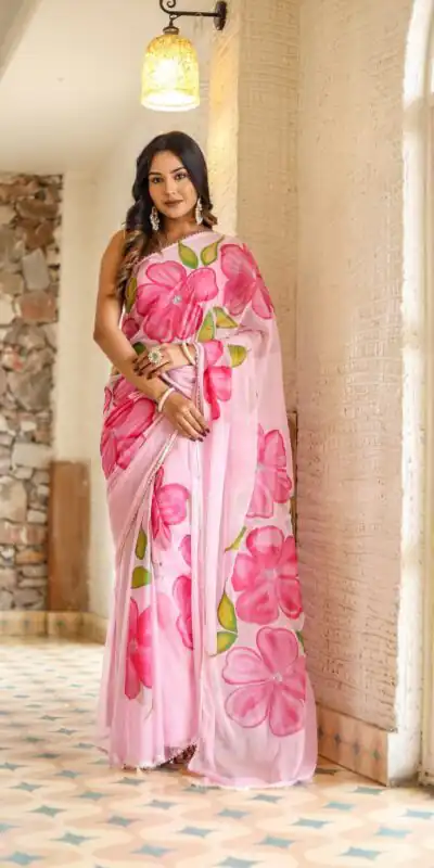 SC 409 Pink Color Pure Soft Georgette Silk All Over Saree Casual, Wedding, Festive, Events . Expected Delivery  4-6 Working Days @1599/- only                                                                                                                                           | Sarees, Bollywood Sarees, Creative Sarees, Designer Sarees, Embroidered Sarees, Ethnic Saree, Modern Digital sarees, Party Wear Sarees