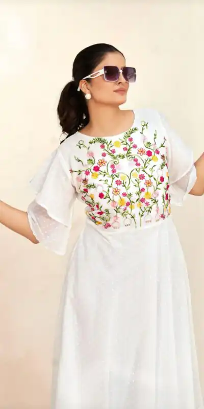 INLI Sensations White Color Georgette Butti Embroidery Thread Work Gown , Wedding, Party, Festive, Events Etc. Expected Delivery 4-6 Working Days @1549/ | Gowns, Bollywood Gowns, Creative Gowns, Designer Gowns, Embroidered Gowns, Party Wear Gowns