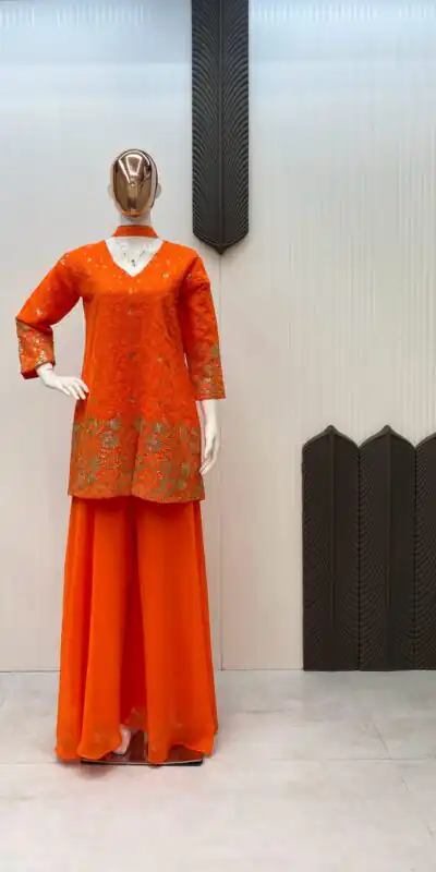 LG 1925 Orange Color georgette Sequence Embroidery Work Salwar Suit Casual, Wedding, Party, Festive, Events Etc.4-6 Working Days@ 1999/-only | Jump Suits, Salwar suit, Designer Suits, Casual Suits, Creative suits, Palazzo Suits, Party Wear Suits, Patiala Suits, Straight Suits