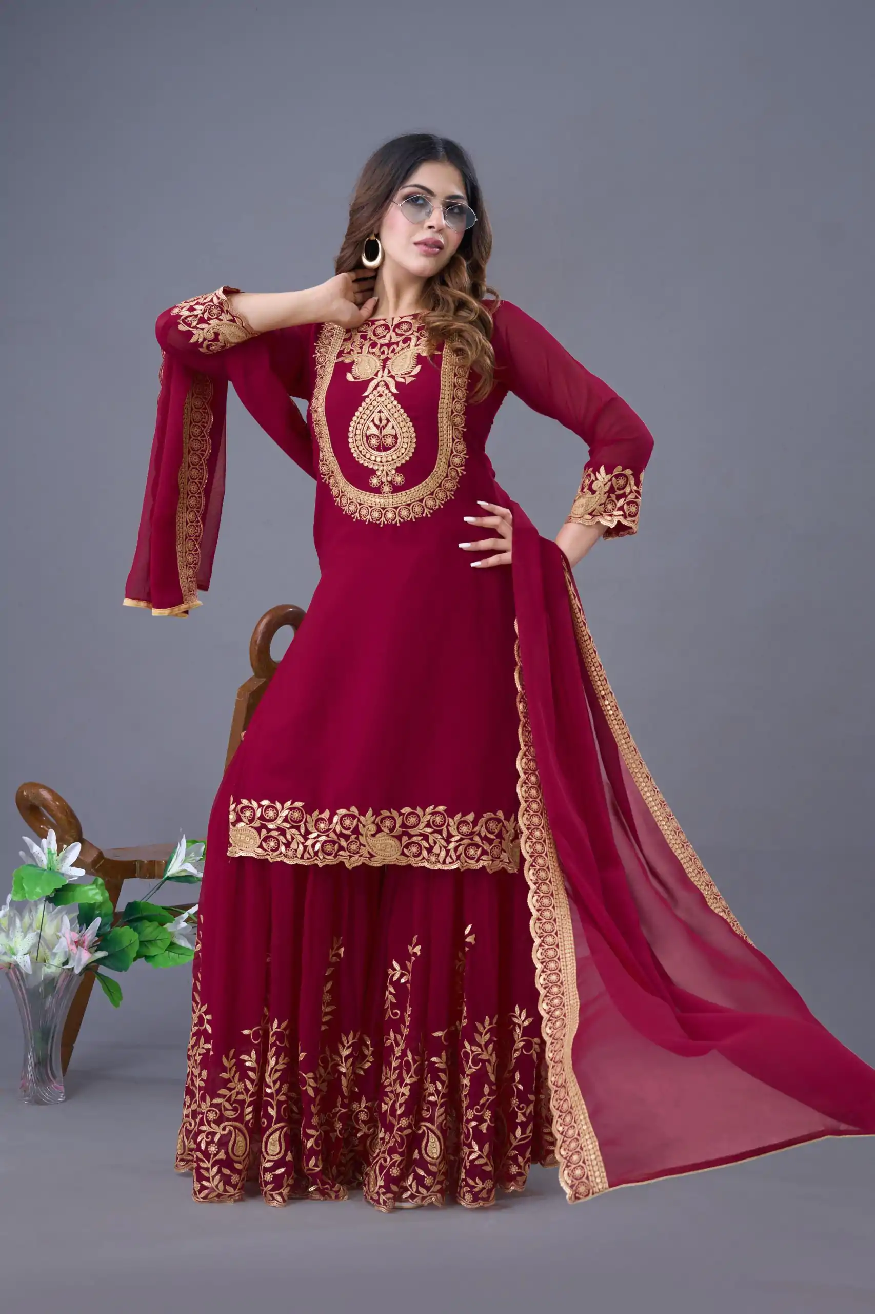 SRK 5242 Red Faux Georgette Embroidery Sequence Work Salwar Suit  Casual, Wedding, Party, Festive, Events Etc.4-6 Working Days@ 2099/-only | Jump Suits, Salwar suit, Designer Suits, Casual Suits, Creative suits, Palazzo Suits, Party Wear Suits, Patiala Suits, Straight Suits