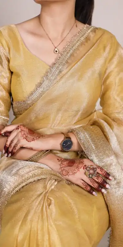 YNF 7114 Gold Color Tissue Shimmer Zari Weaving Work Saree Casual, Wedding, Festive, Events . Expected Delivery  4-6 Working Days @1699/- only                                                                                                                   | Sarees, Bollywood Sarees, Creative Sarees, Designer Sarees, Embroidered Sarees, Ethnic Saree, Modern Digital sarees, Party Wear Sarees