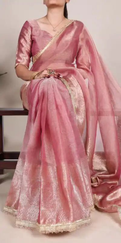 YNF 7114 Pink Color Tissue Shimmer Zari Weaving Work Saree Casual, Wedding, Festive, Events . Expected Delivery  4-6 Working Days @1699/- only                                                                                                                   | Sarees, Bollywood Sarees, Creative Sarees, Designer Sarees, Embroidered Sarees, Ethnic Saree, Modern Digital sarees, Party Wear Sarees