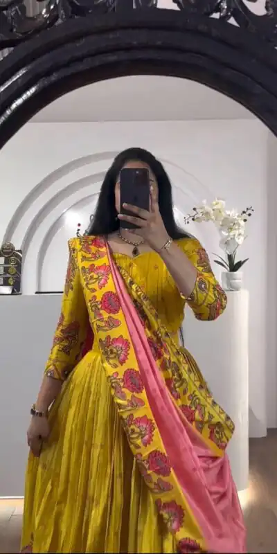 PC 321 Yellow Color  Chant Crepe Kalamkari Print Lehenga Choli Casual, Wedding, Festival, Events, Expected, Delivery 4-5 Working Days @1799 | Lehenga, Bollywood Lehenga, Creative Lehenga, Designer Lehenga, Embroidered Lehenga, Party Wear Lehenga