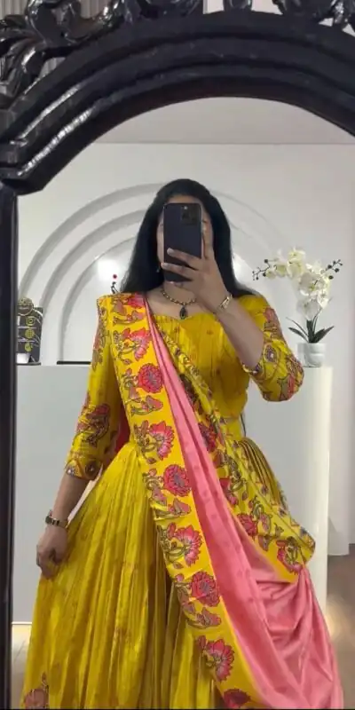 PC 321 Yellow Color  Chant Crepe Kalamkari Print Lehenga Choli Casual, Wedding, Festival, Events, Expected, Delivery 4-5 Working Days @1799 | Lehenga, Bollywood Lehenga, Creative Lehenga, Designer Lehenga, Embroidered Lehenga, Party Wear Lehenga