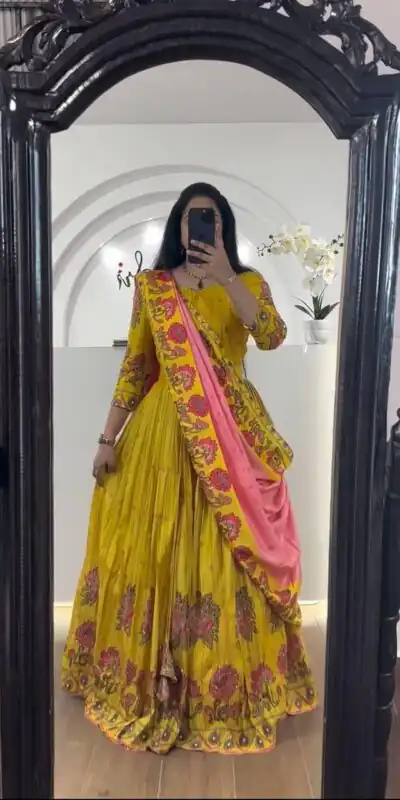 PC 321 Yellow Color  Chant Crepe Kalamkari Print Lehenga Choli Casual, Wedding, Festival, Events, Expected, Delivery 4-5 Working Days @1799 | Lehenga, Bollywood Lehenga, Creative Lehenga, Designer Lehenga, Embroidered Lehenga, Party Wear Lehenga