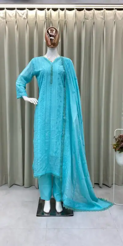  BE 322 Blue Color Chinon Cotton Thread Embroidery Work Salwar Suit Casual, Wedding, Party, Festive, Events Etc.4-6 Working Days@ 2099/-only | Jump Suits, Salwar suit, Designer Suits, Casual Suits, Creative suits, Palazzo Suits, Party Wear Suits, Patiala Suits, Straight Suits