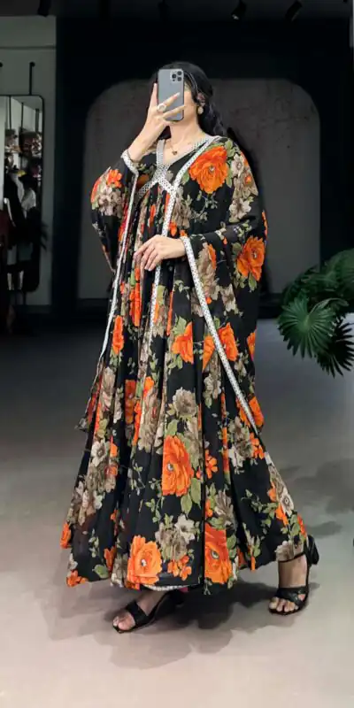YNF 5040 Orange Color Georgette Floral Printed Paper Mirror Lace Gown , Wedding, Party, Festive, Events Etc. Expected Delivery 4-6 Working Days @1899/- | Gowns, Bollywood Gowns, Creative Gowns, Designer Gowns, Embroidered Gowns, Party Wear Gowns