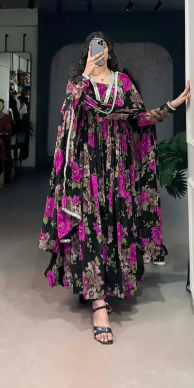 YNF 5040 Pink Color Georgette Floral Printed Paper Mirror Lace Gown Casual, Wedding, Party, Festive, Events Etc. Expected Delivery 4-6 Working Days @1899/- | Gowns, Bollywood Gowns, Creative Gowns, Designer Gowns, Embroidered Gowns, Party Wear Gowns