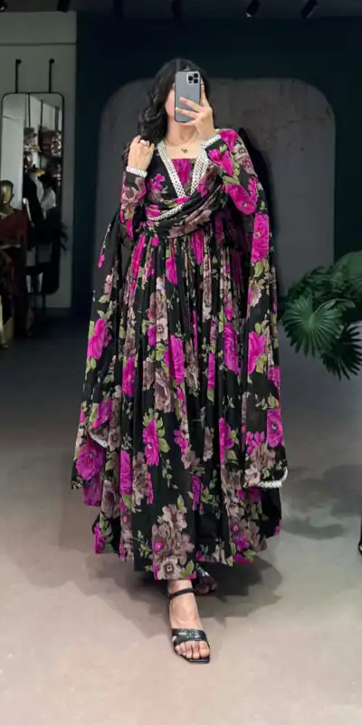 YNF 5040 Pink Color Georgette Floral Printed Paper Mirror Lace Gown Casual, Wedding, Party, Festive, Events Etc. Expected Delivery 4-6 Working Days @1899/- | Gowns, Bollywood Gowns, Creative Gowns, Designer Gowns, Embroidered Gowns, Party Wear Gowns