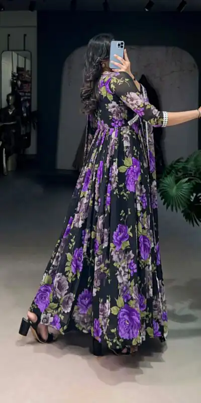 YNF 5040 Purple Color Georgette Floral Printed Paper Mirror Lace Gown , Wedding, Party, Festive, Events Etc. Expected Delivery 4-6 Working Days @1899/- | Gowns, Bollywood Gowns, Creative Gowns, Designer Gowns, Embroidered Gowns, Party Wear Gowns