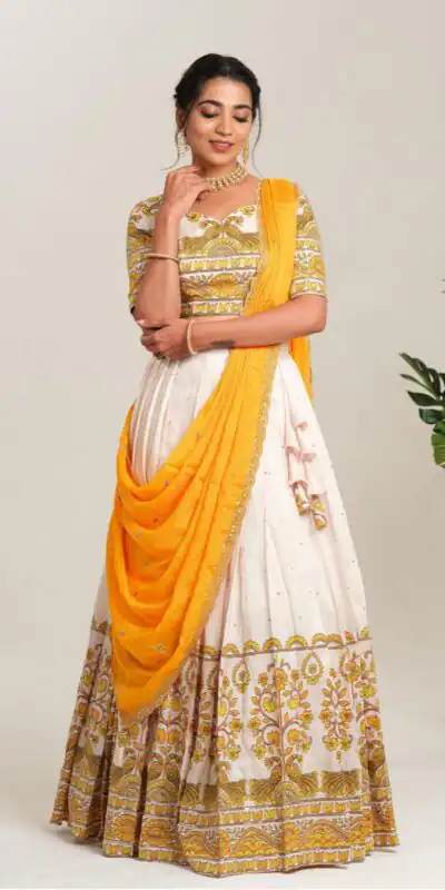 PC 504 Yellow Color Cotton Kalamkari Print Lehenga Choli Wedding, Party, Festival, Events Etc. Delivery 4-6 Working Days @2149/- | Lehenga, Bollywood Lehenga, Creative Lehenga, Designer Lehenga, Embroidered Lehenga, Party Wear Lehenga