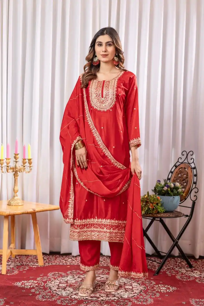 DC G89 Red Color Chinon Thread Sequence Work Salwar Suit Casual, Wedding, Festive, Events . Expected Delivery  4-6 Working Days @1999/- only      | Jump Suits, Salwar suit, Designer Suits, Casual Suits, Creative suits, Palazzo Suits, Party Wear Suits, Patiala Suits, Straight Suits