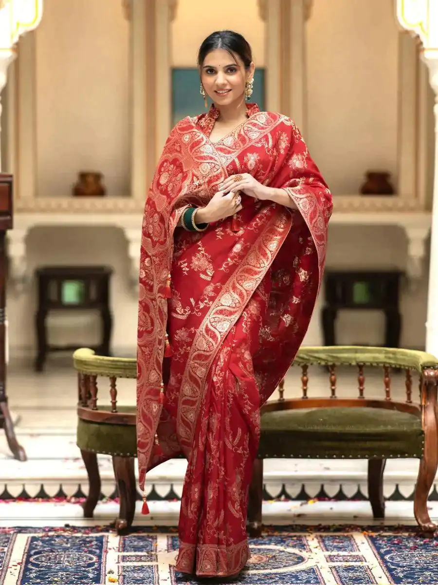 MB 494 Red Color Soft Litchi Silk All Over Weaving Saree Casual, Wedding, Festive, Events . Expected Delivery  4-6 Working Days @1199/- only                                                                                                                                             | Sarees, Bollywood Sarees, Creative Sarees, Designer Sarees, Embroidered Sarees, Ethnic Saree, Modern Digital sarees, Party Wear Sarees
