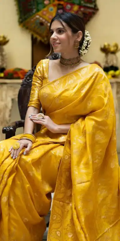 MB 494 Yellow Color Soft Litchi Silk All Over Weaving Saree Casual, Wedding, Festive, Events . Expected Delivery  4-6 Working Days @1199/- only                                                                                                                                             | Sarees, Bollywood Sarees, Creative Sarees, Designer Sarees, Embroidered Sarees, Ethnic Saree, Modern Digital sarees, Party Wear Sarees