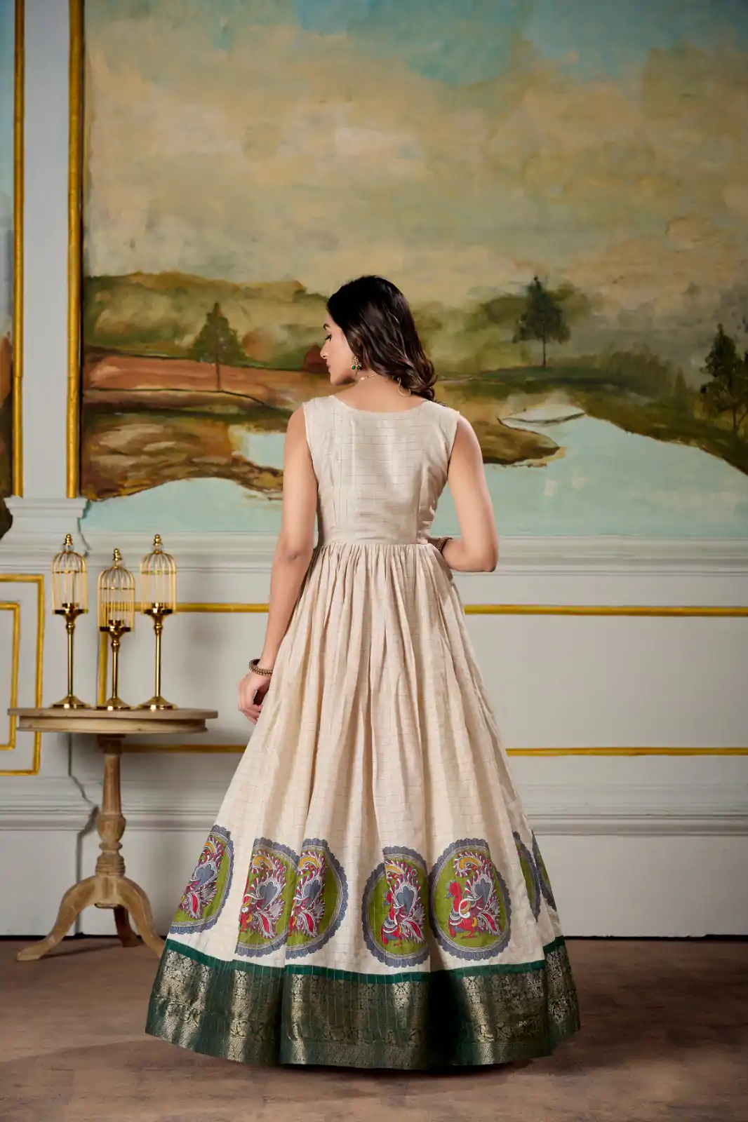 YNF 5310 Green Color Dola Silk Kalamkari Print Zari Weaving Broder Gown Casual, Wedding, Party, Festive, Events Etc.4-6 Working Days@ 1749/-only | Gowns, Bollywood Gowns, Creative Gowns, Designer Gowns, Embroidered Gowns, Party Wear Gowns