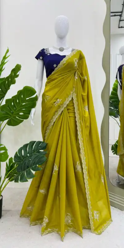 KD 576 Mustard Yellow Color Tesla Chiffon Work Thread Work Saree Casual, Wedding, Festive, Events . Expected Delivery  4-6 Working Days @1749/- only                                                                                                                                           | Sarees, Bollywood Sarees, Creative Sarees, Designer Sarees, Embroidered Sarees, Ethnic Saree, Modern Digital sarees, Party Wear Sarees