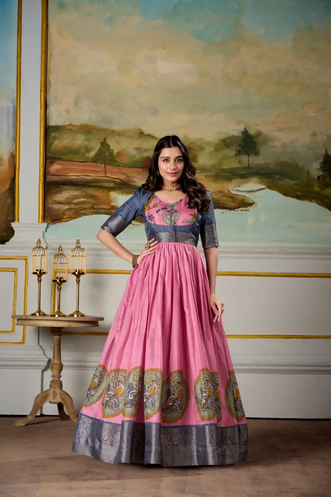 YNF 5310 Pink Color Dola Silk Kalamkari Print Zari Weaving Broder Gown Casual, Wedding, Party, Festive, Events Etc.4-6 Working Days@ 1749/-only | Gowns, Bollywood Gowns, Creative Gowns, Designer Gowns, Embroidered Gowns, Party Wear Gowns
