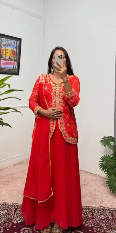 ST 1084 Red Color Printed Faux Georgette Embroidery Work Salwar Suit Casual, Wedding, Party, Festive, Events Etc.4-6 Working Days@ 1949/-only | Jump Suits, Salwar suit, Designer Suits, Casual Suits, Creative suits, Palazzo Suits, Party Wear Suits, Patiala Suits, Straight Suits